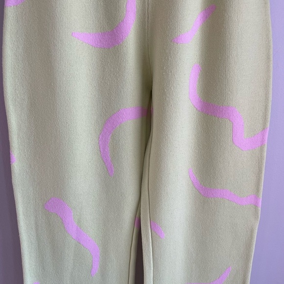 White Fox Knitted Flare Pants - Lime Green + Pink Retro Squiggle Pattern - Small - Picture 13 of 14